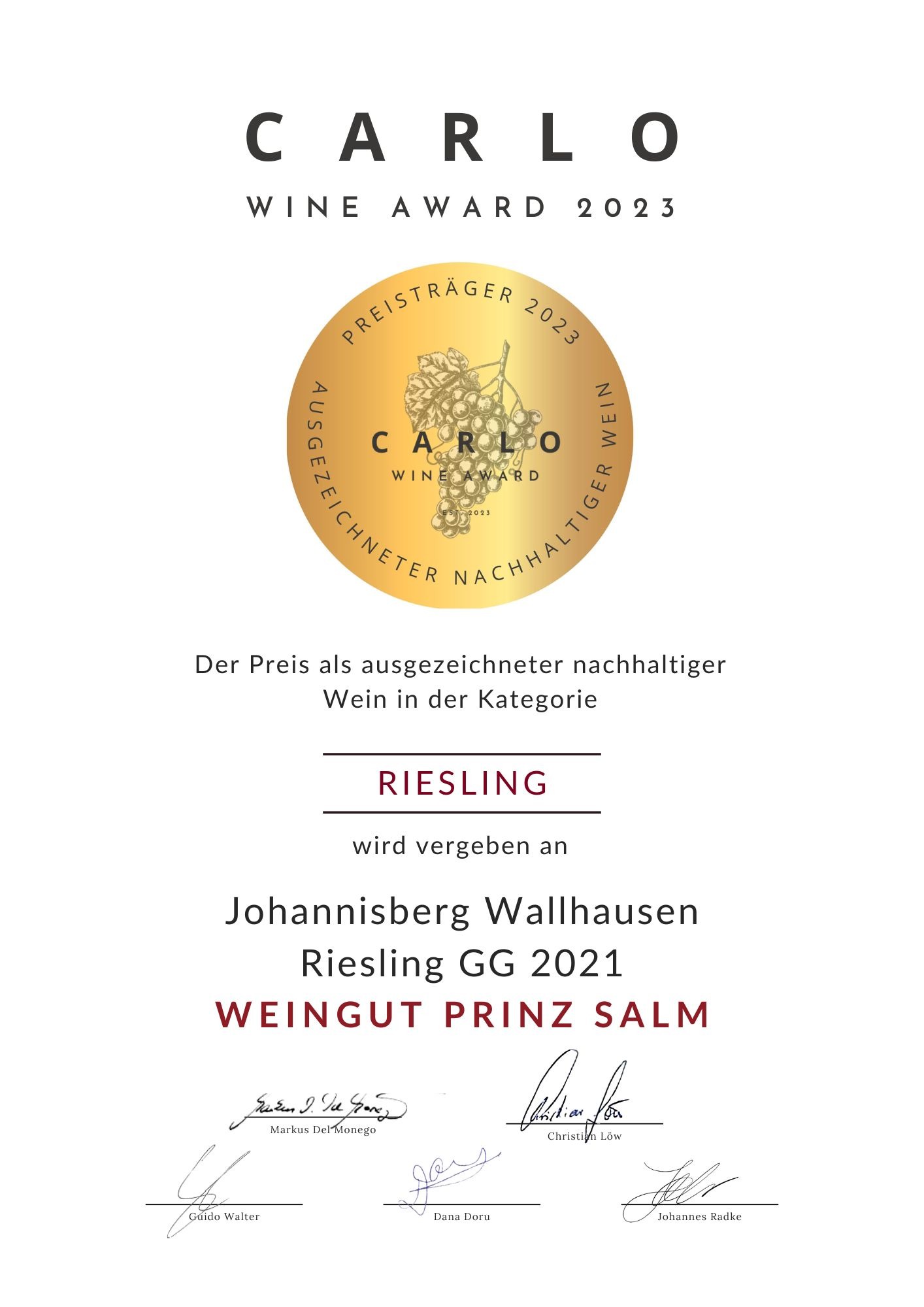Auszeichnung mit dem Carlo Wine Award